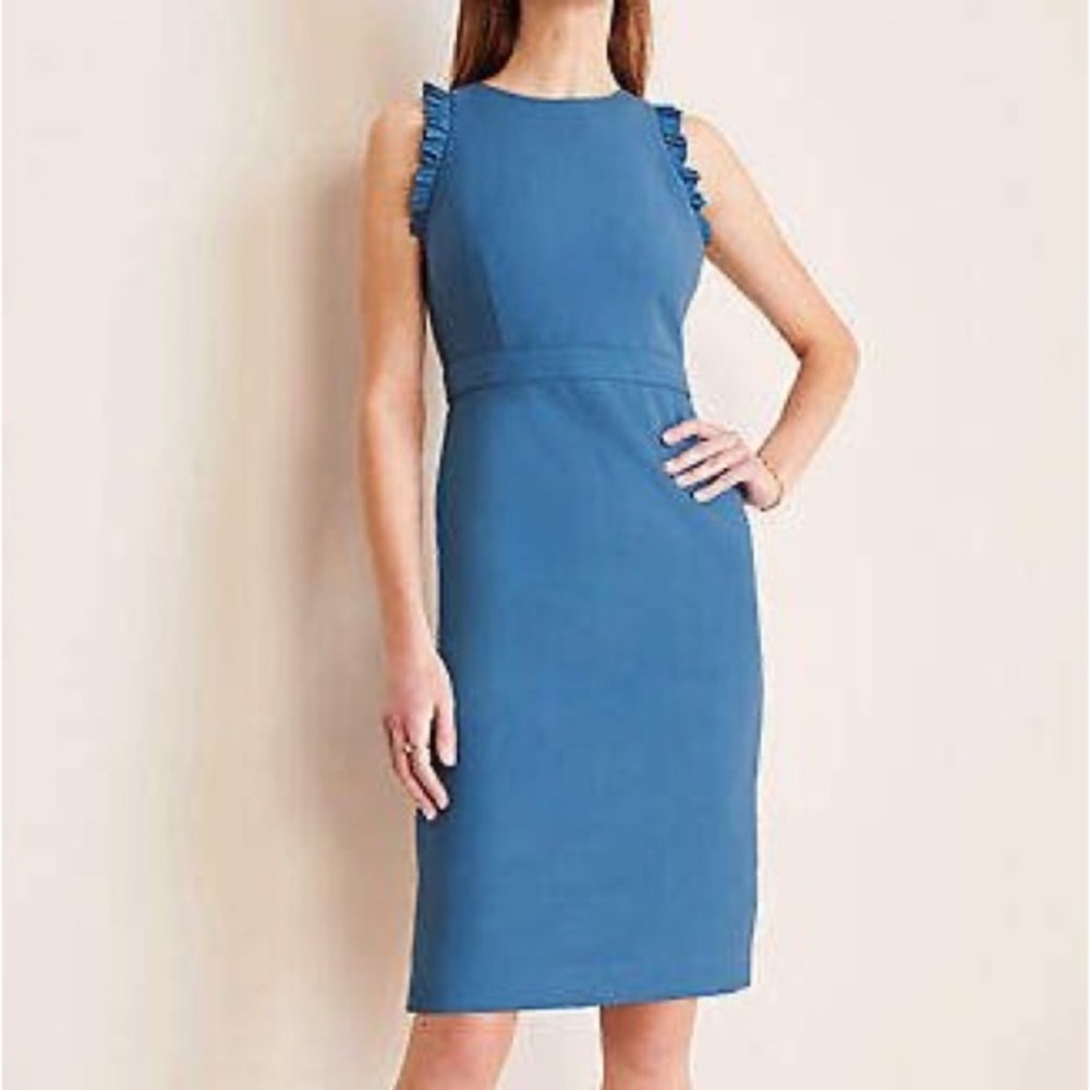 NWT Ann Taylor Blue Pleat Trim Doubleweave Sheath Dress - Size 0